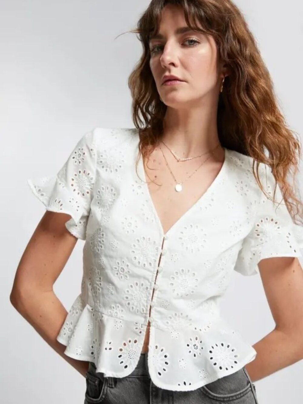 & Other Stories Broderie frill hem blouse, 12 (XL)